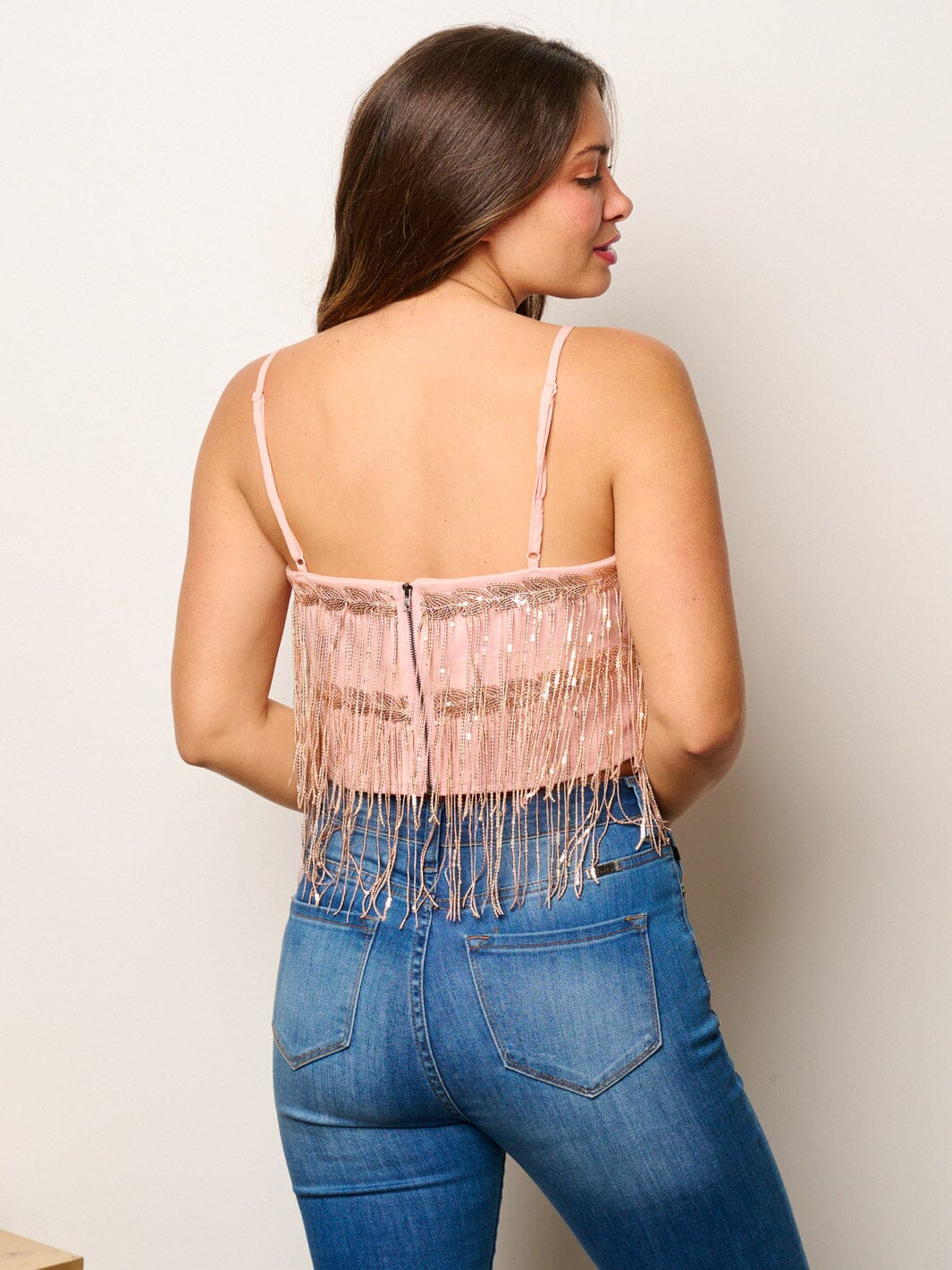 WOMEN'S SLEEVELESS SEQUINS TASSEL CROP TANK TOP