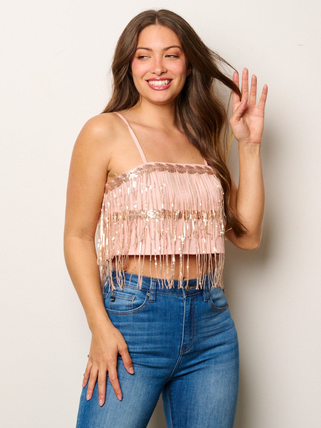 WOMEN'S SLEEVELESS SEQUINS TASSEL CROP TANK TOP