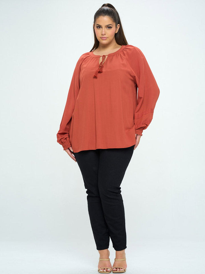PLUS SIZE LONG SLEEVE V-NECK LACE DETAILED TUNIC BLOUSE TOP