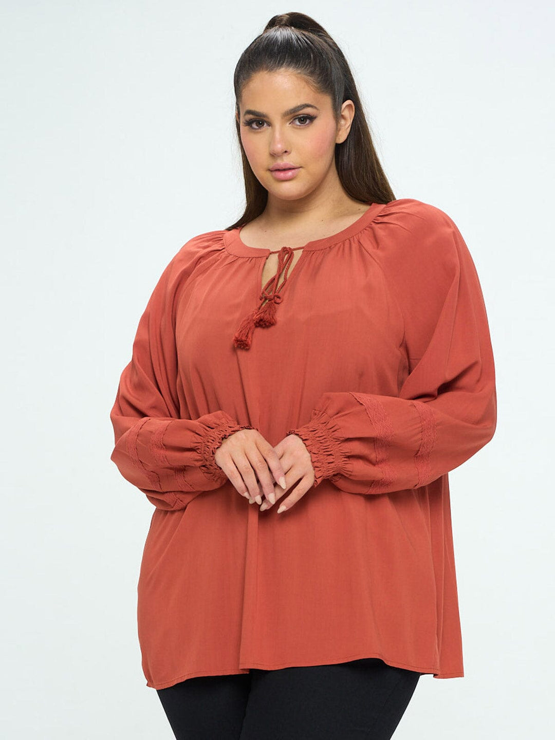 PLUS SIZE LONG SLEEVE V-NECK LACE DETAILED TUNIC BLOUSE TOP