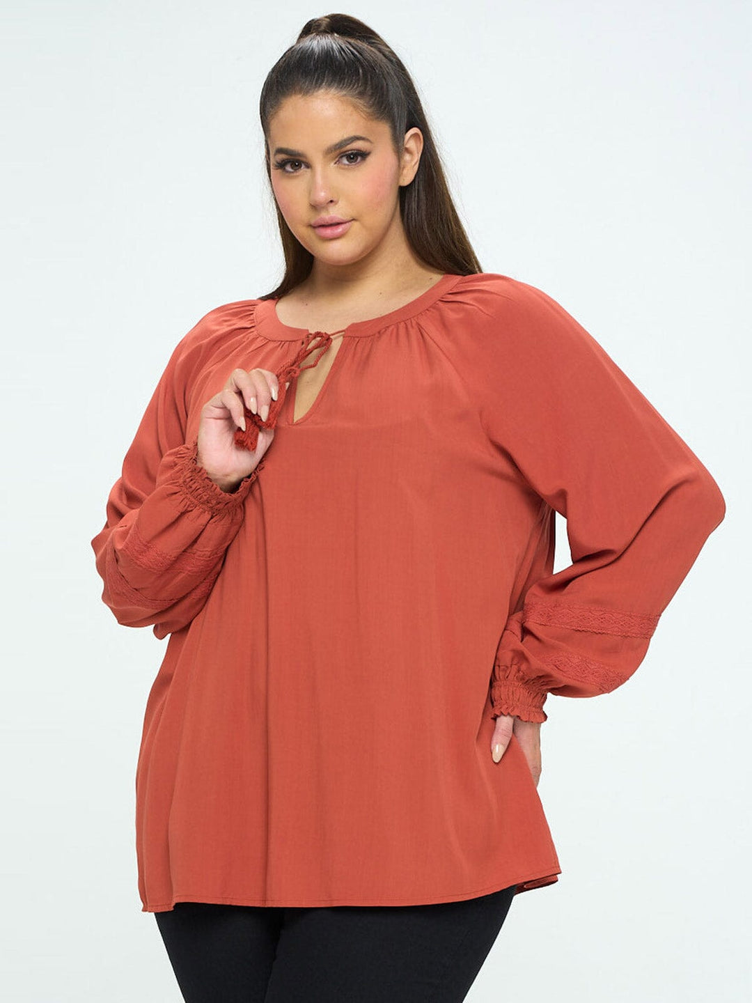 PLUS SIZE LONG SLEEVE V-NECK LACE DETAILED TUNIC BLOUSE TOP
