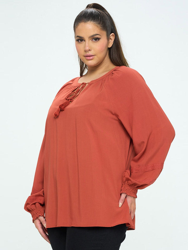 PLUS SIZE LONG SLEEVE V-NECK LACE DETAILED TUNIC BLOUSE TOP