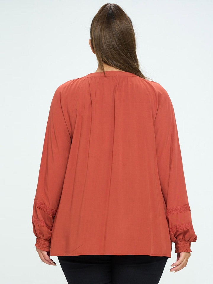 PLUS SIZE LONG SLEEVE V-NECK LACE DETAILED TUNIC BLOUSE TOP