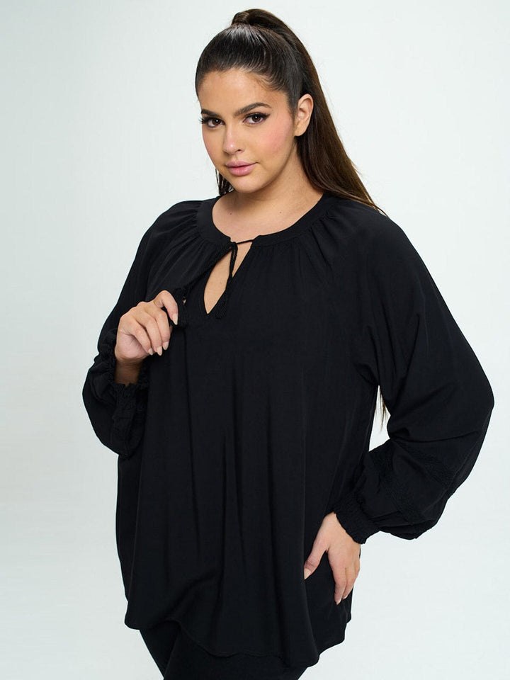 PLUS SIZE LONG SLEEVE V-NECK LACE DETAILED TUNIC BLOUSE TOP