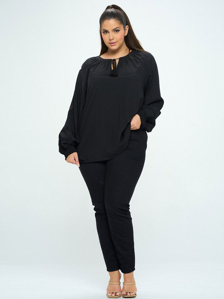 PLUS SIZE LONG SLEEVE V-NECK LACE DETAILED TUNIC BLOUSE TOP
