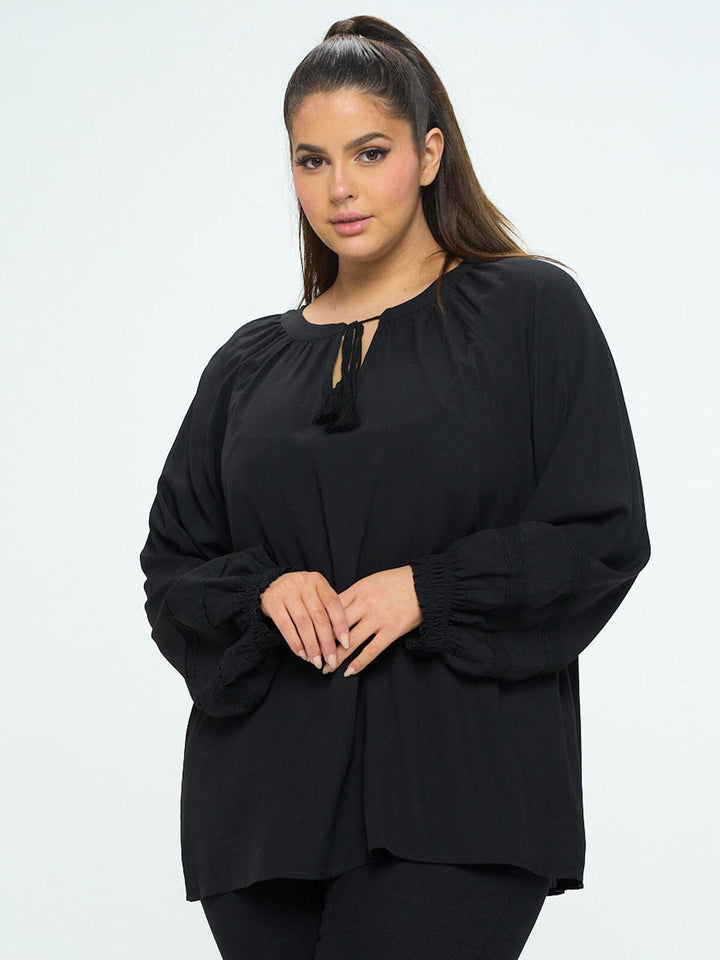 PLUS SIZE LONG SLEEVE V-NECK LACE DETAILED TUNIC BLOUSE TOP