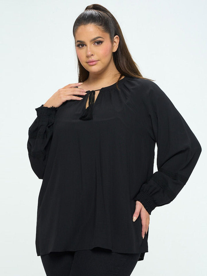 PLUS SIZE LONG SLEEVE V-NECK LACE DETAILED TUNIC BLOUSE TOP