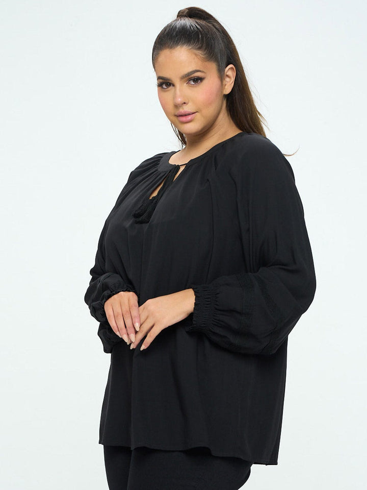 PLUS SIZE LONG SLEEVE V-NECK LACE DETAILED TUNIC BLOUSE TOP