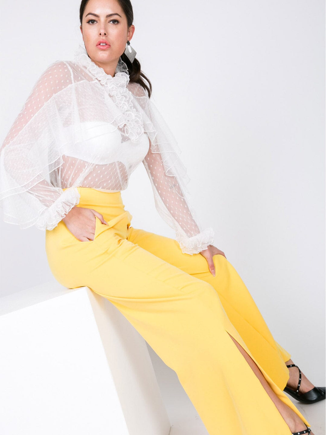 WOMEN'S ZIP UP FRONT POCKETS WIDE LEG SLIT DETAILED PANTS