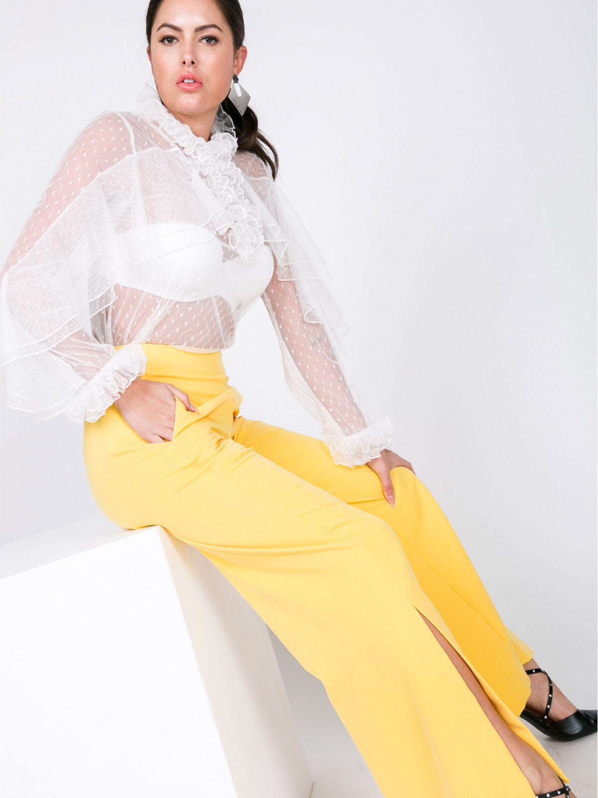 WOMEN'S ZIP UP FRONT POCKETS WIDE LEG SLIT DETAILED PANTS