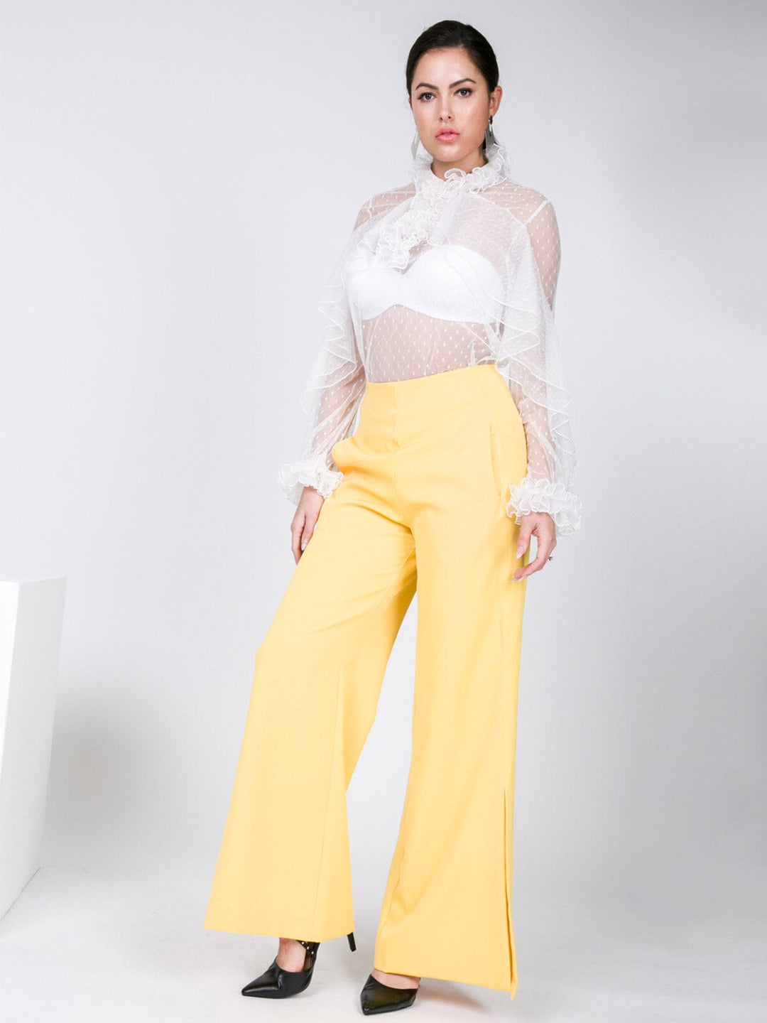 WOMEN'S ZIP UP FRONT POCKETS WIDE LEG SLIT DETAILED PANTS
