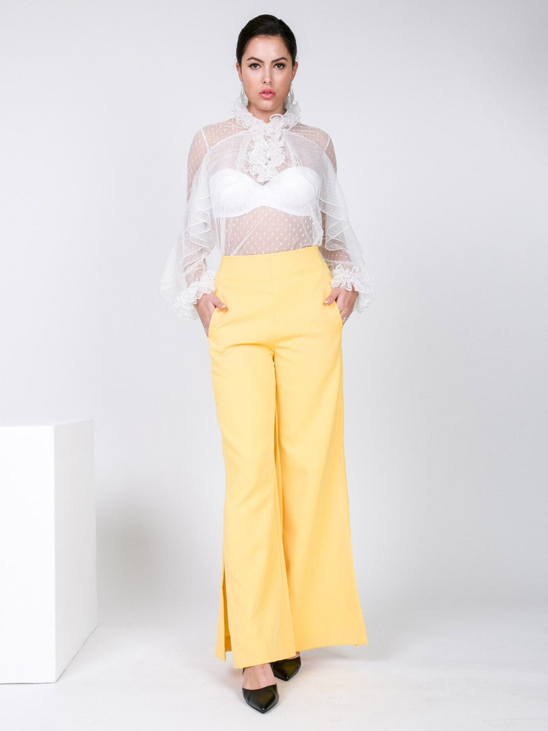 WOMEN'S ZIP UP FRONT POCKETS WIDE LEG SLIT DETAILED PANTS