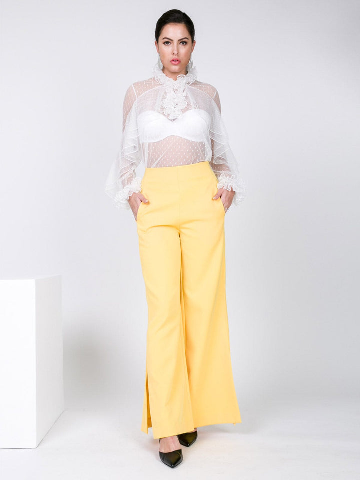 WOMEN'S ZIP UP FRONT POCKETS WIDE LEG SLIT DETAILED PANTS