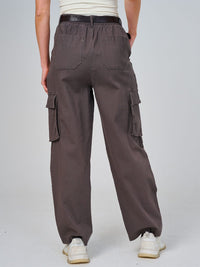 WOMEN'S BUTTON CLOSURE POCKETS BELTED WIDE LEG DENIM PANTS