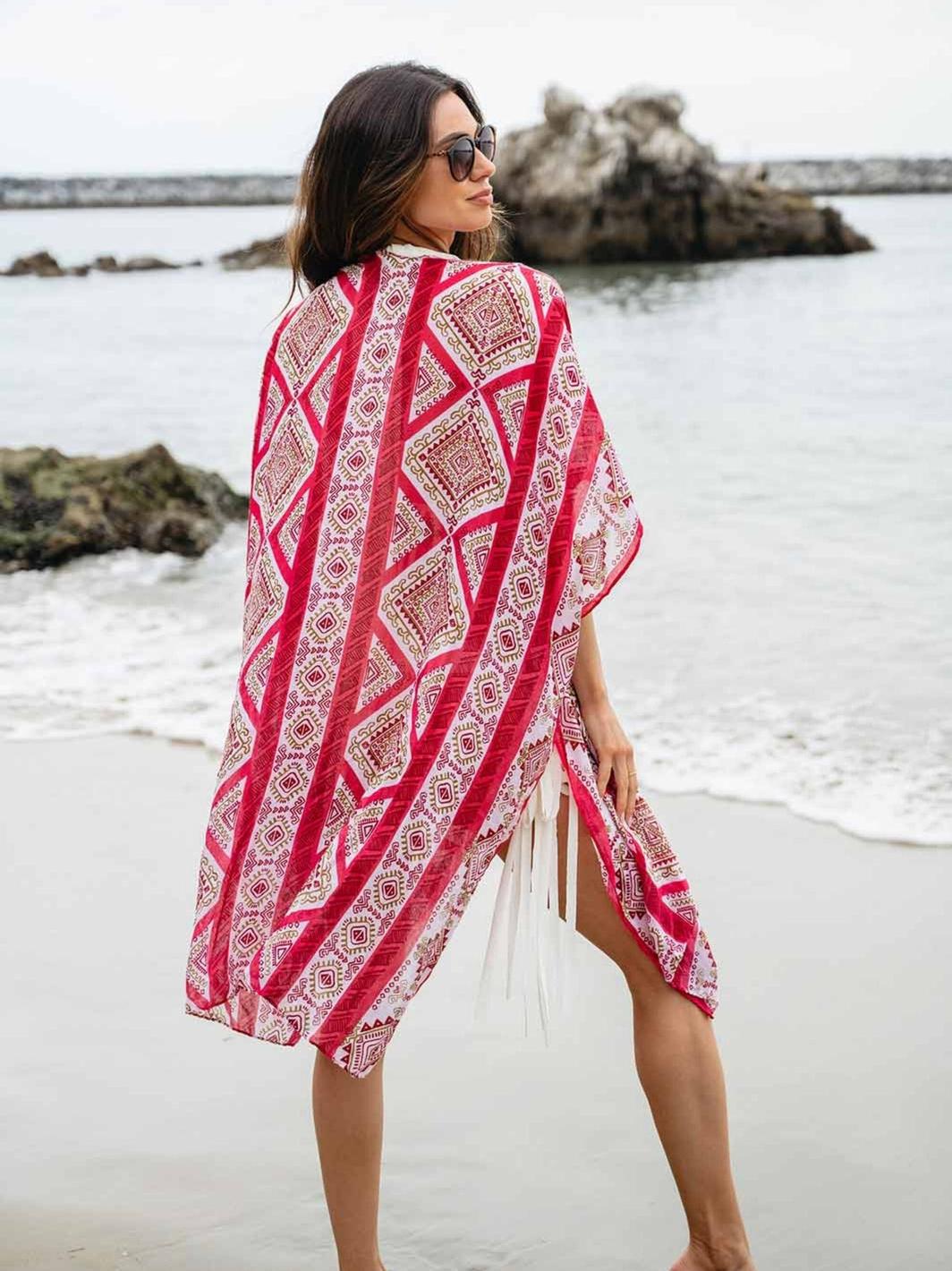 WOMEN'S SHORT SLEEVE OPEN FRONT MULTI PRINT KIMONO