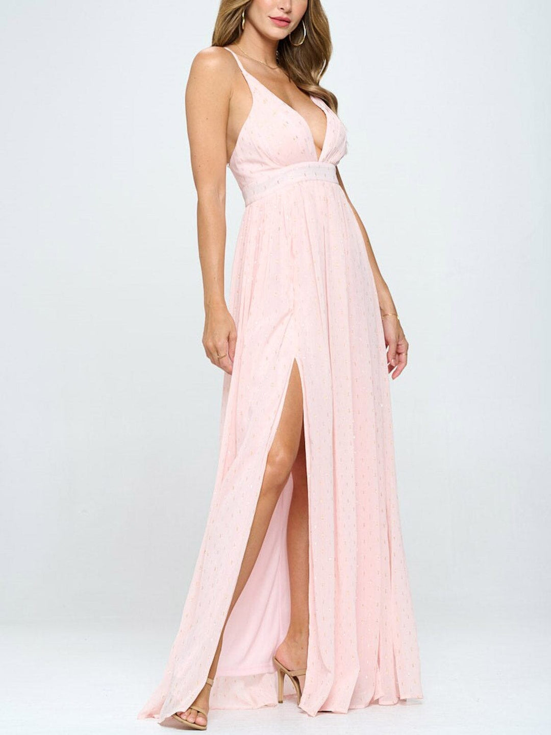 WOMEN'S SLEEVELESS V-NECK FRONT SLIT SHIMMER DETAILED MAXI DRESS