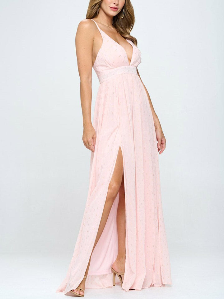 WOMEN'S SLEEVELESS V-NECK FRONT SLIT SHIMMER DETAILED MAXI DRESS