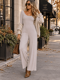 WOMEN'S LONG SLEEVE SELF TIE WIDE LEG RIBBED JUMPSUIT