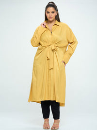 PLUS SIZE LONG SLEEVE BUTTON UP SELF TIE TUNIC BLOUSE TOP
