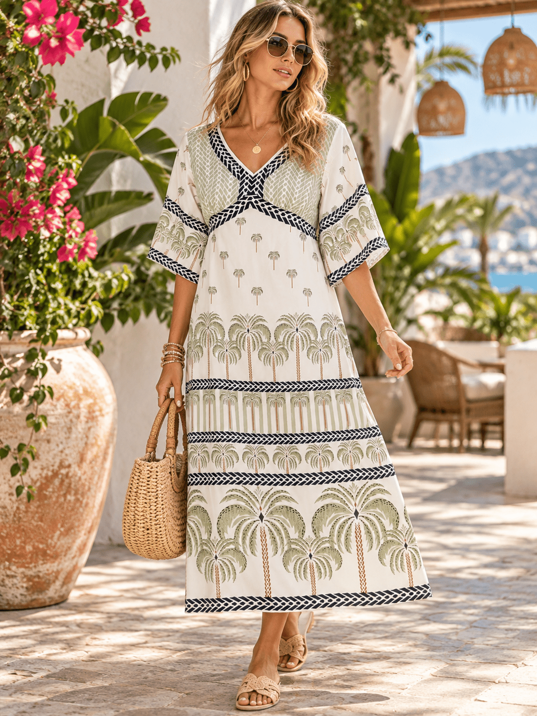 WOMEN'S SHORT SLEEVE V-NECK ELASTIC WAIST MULTI PRINT MIDI DRESS