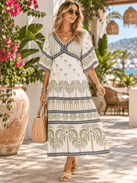 WOMEN'S SHORT SLEEVE V-NECK ELASTIC WAIST MULTI PRINT MIDI DRESS