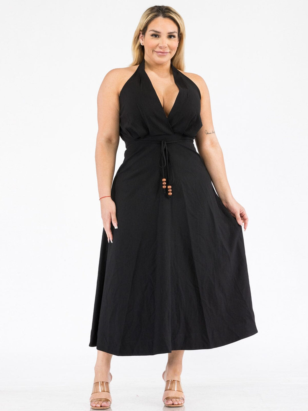 PLUS SIZESLEEVELESS V-NECK SURPLICE SELF TIE MAXI DRESS