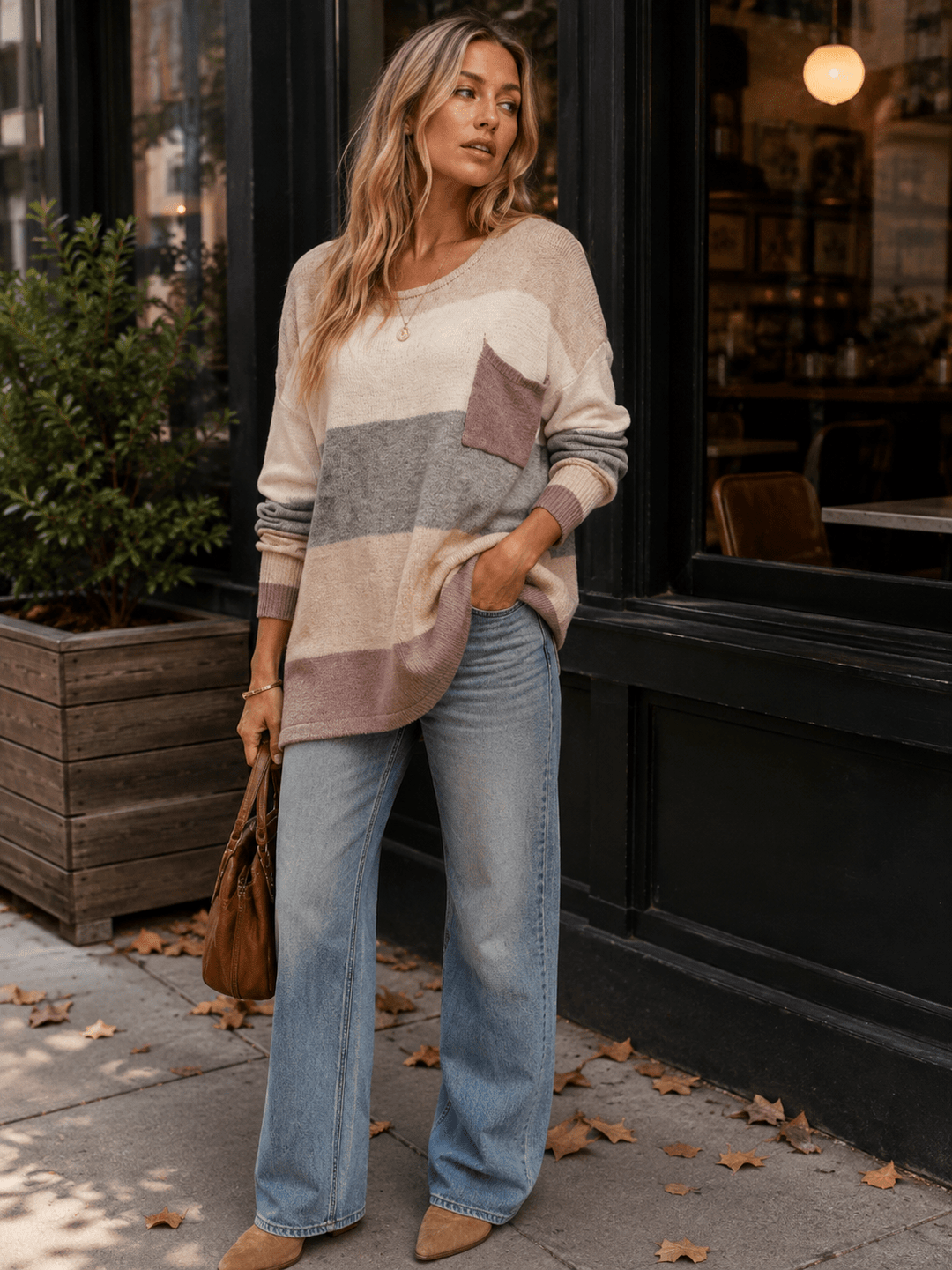 WOMEN'S LONG SLEEVE FRONT POCKET COLORBLOCK STRIPES PULLOVER SWEATER