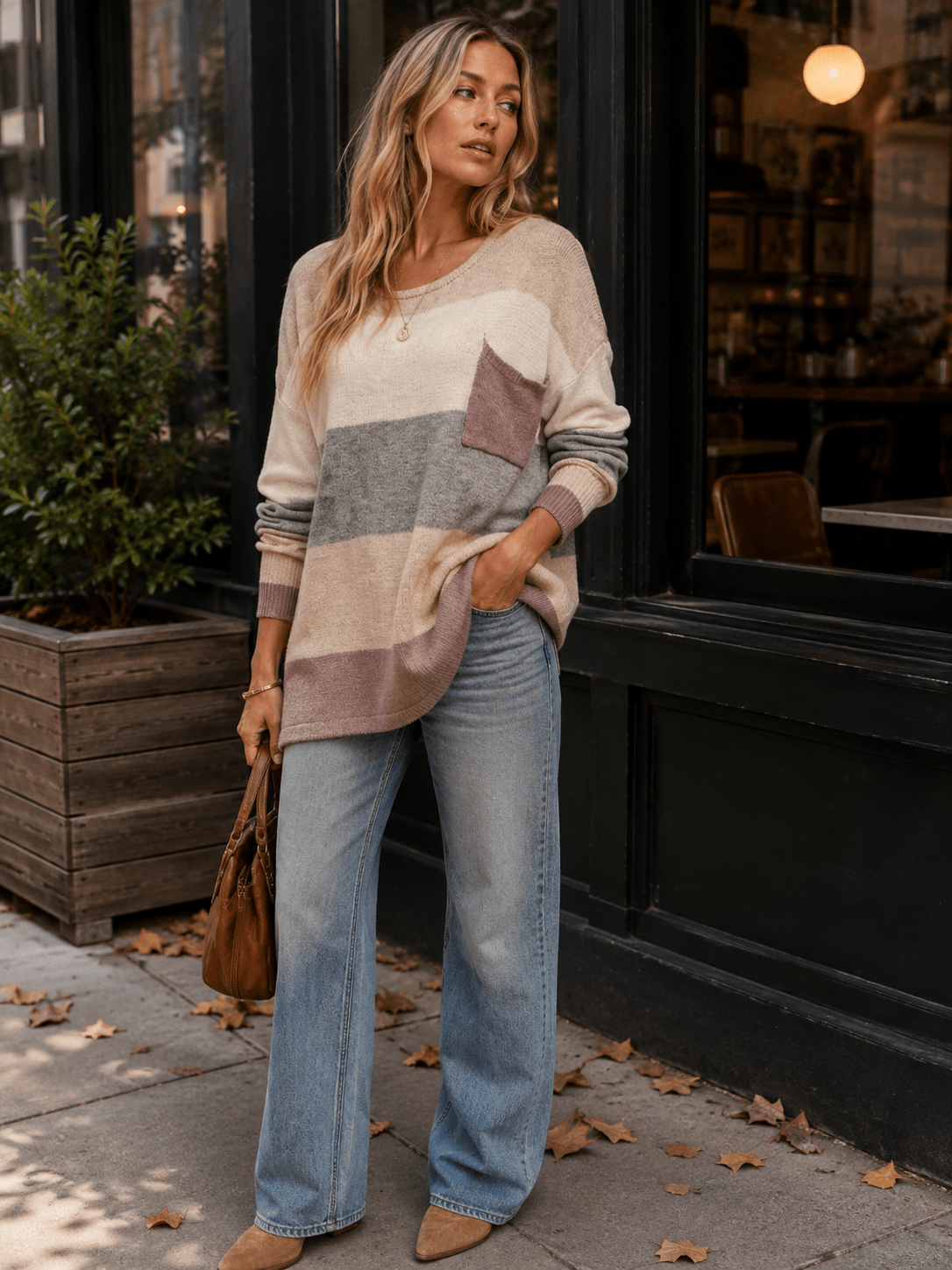 WOMEN'S LONG SLEEVE FRONT POCKET COLORBLOCK STRIPES PULLOVER SWEATER