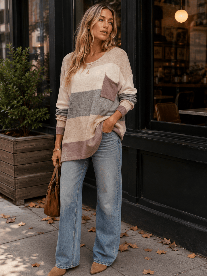 WOMEN'S LONG SLEEVE FRONT POCKET COLORBLOCK STRIPES PULLOVER SWEATER