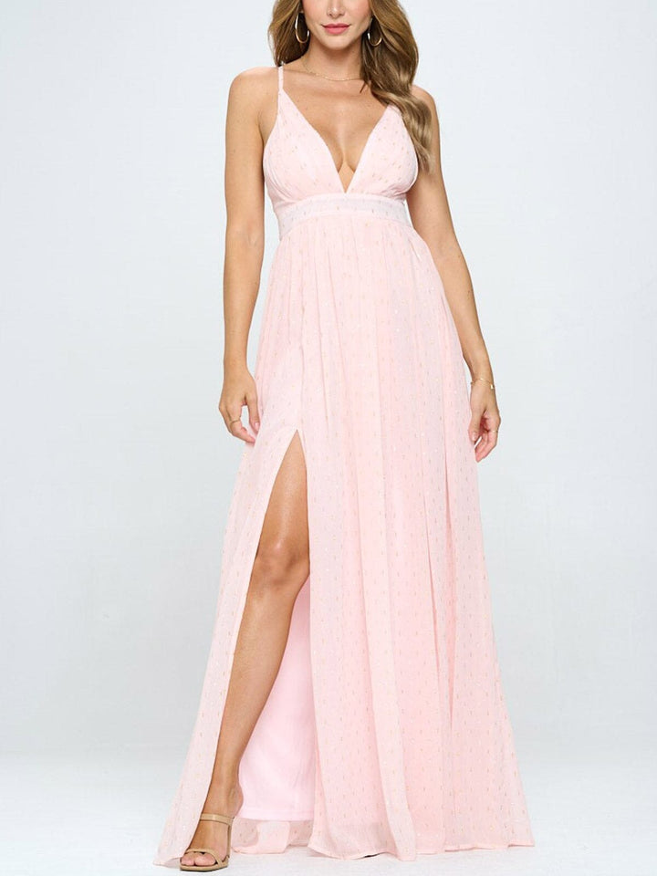 WOMEN'S SLEEVELESS V-NECK FRONT SLIT SHIMMER DETAILED MAXI DRESS