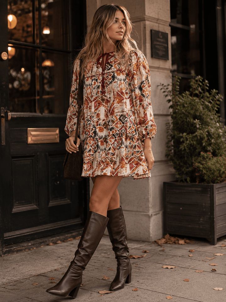 WOMEN'S 3/4 SLEEVE V-NECK FRONT POCKETS MULTI PRINT MINI DRESS