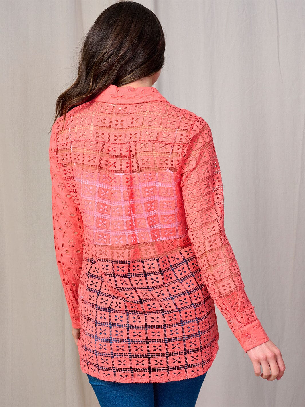 WOMEN'S LONG SLEEVE BUTTON UP EYELET BLOUSE