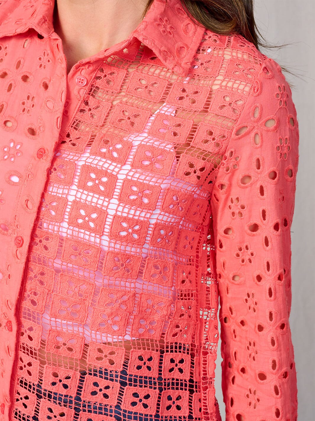 WOMEN'S LONG SLEEVE BUTTON UP EYELET BLOUSE
