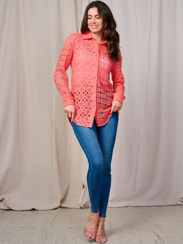 WOMEN'S LONG SLEEVE BUTTON UP EYELET BLOUSE