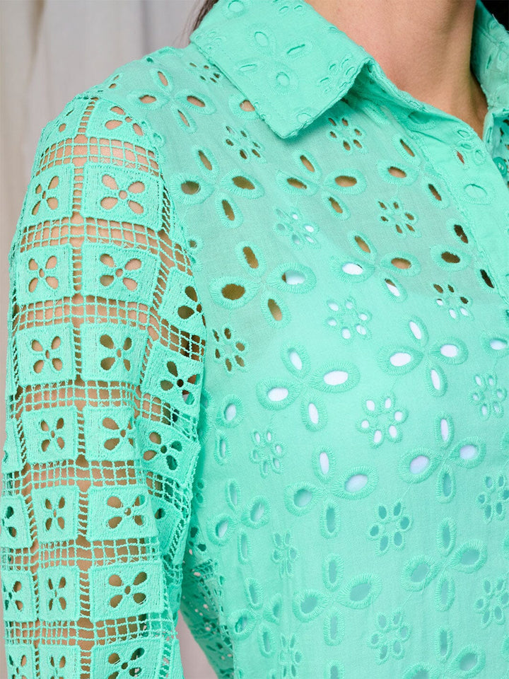 WOMEN'S LONG SLEEVE BUTTON UP EYELET BLOUSE