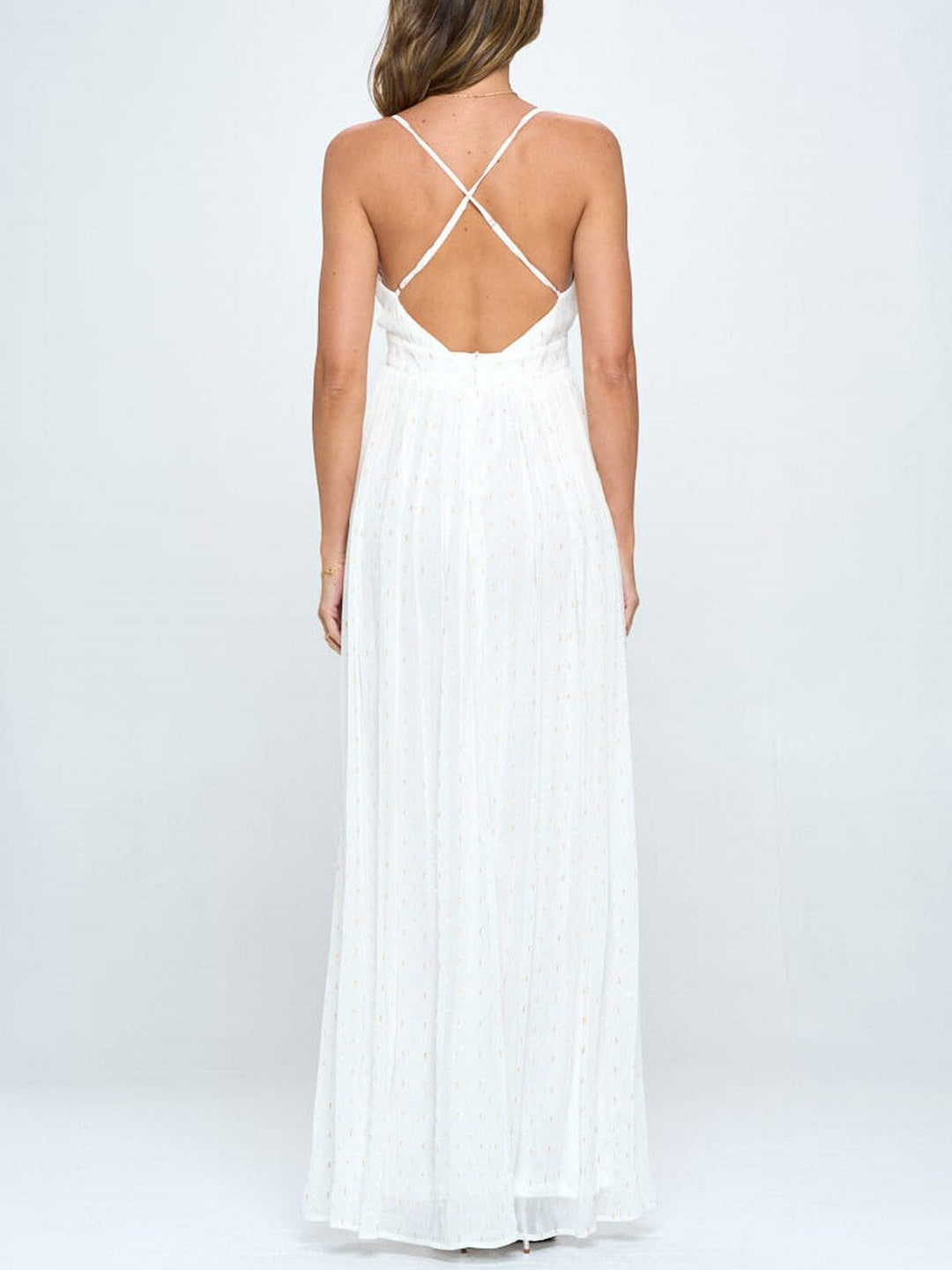 WOMEN'S SLEEVELESS V-NECK FRONT SLIT SHIMMER DETAILED MAXI DRESS