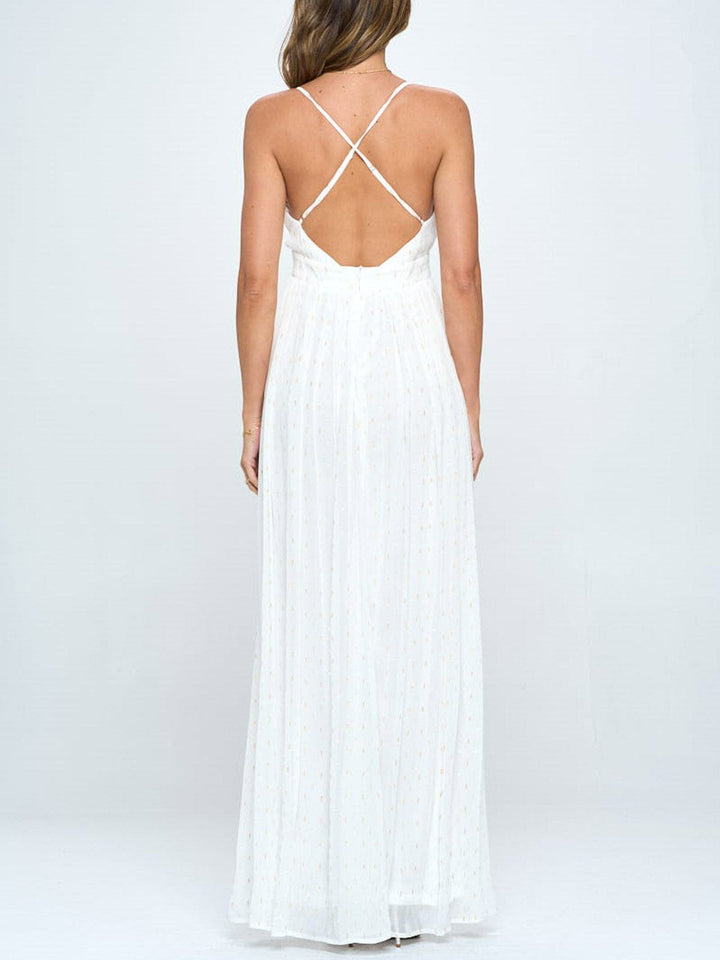 WOMEN'S SLEEVELESS V-NECK FRONT SLIT SHIMMER DETAILED MAXI DRESS