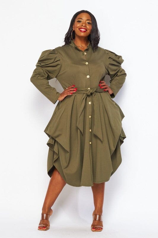 PLUS SIZE LONG PUFF SLEEVE BUTTON CLOSURE RUFFLE MIDI DRESS