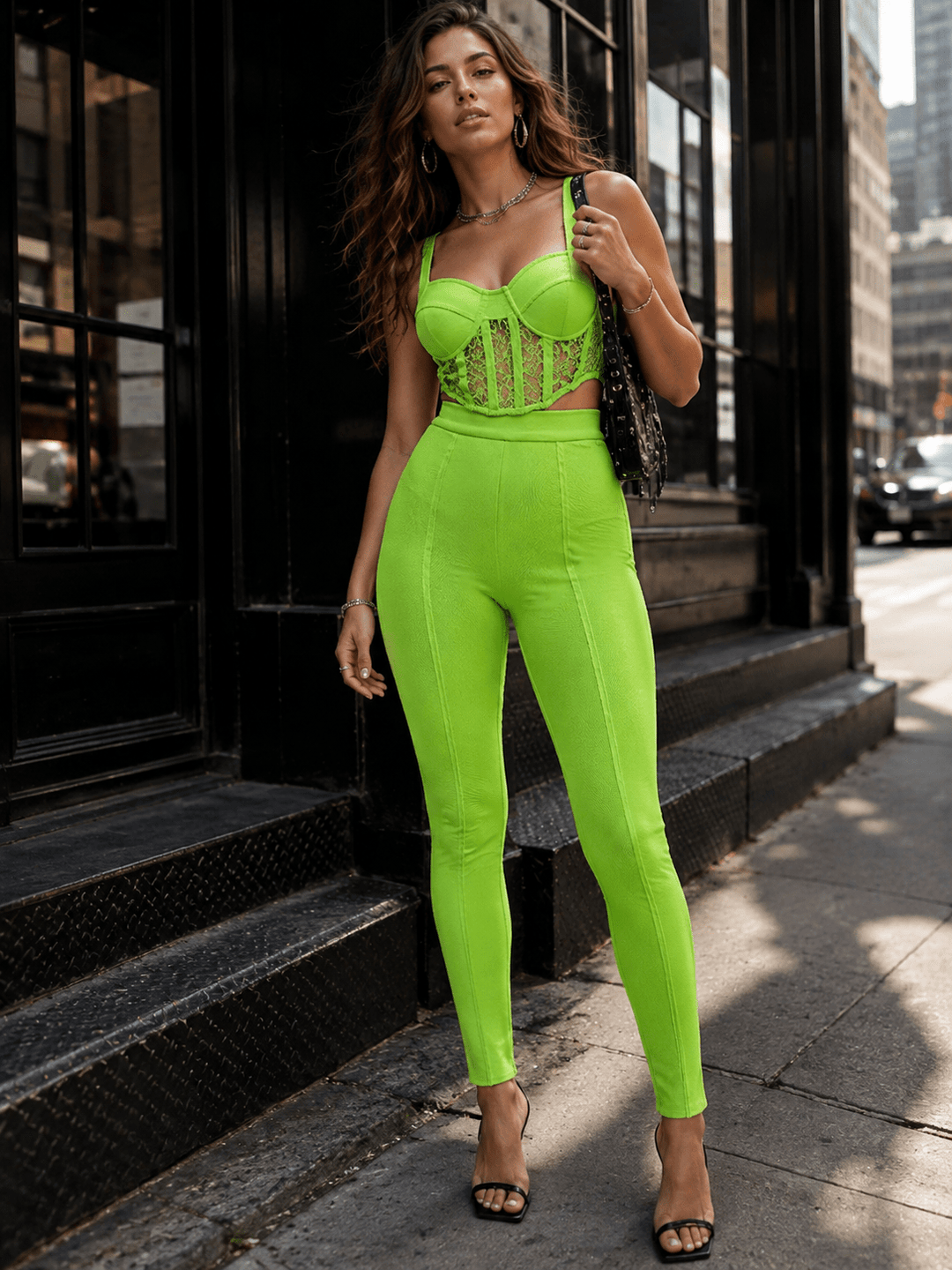 WOMEN'S SLEEVELESS BRALETTE TOP & ZIP UP SKINNY LEG PANTS BANDAGE 2PC. SET