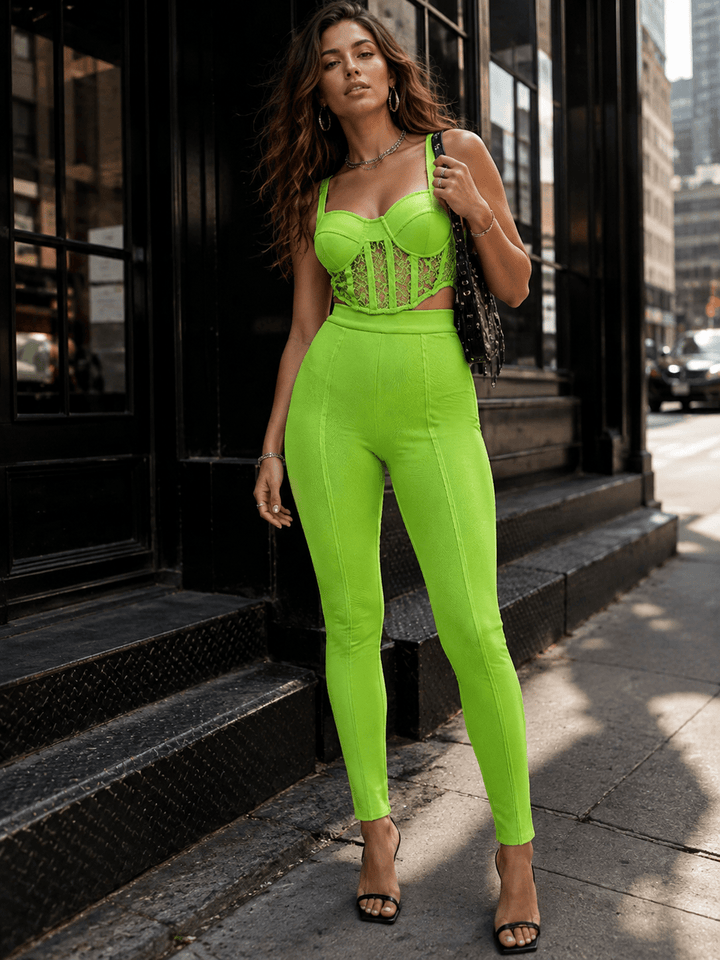 WOMEN'S SLEEVELESS BRALETTE TOP & ZIP UP SKINNY LEG PANTS BANDAGE 2PC. SET