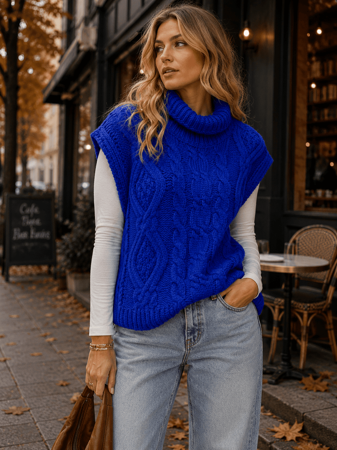 WOMEN'S SLEEVELESS TURTLE NECK CABLE KNIT PULLOVER SWEATER TOP