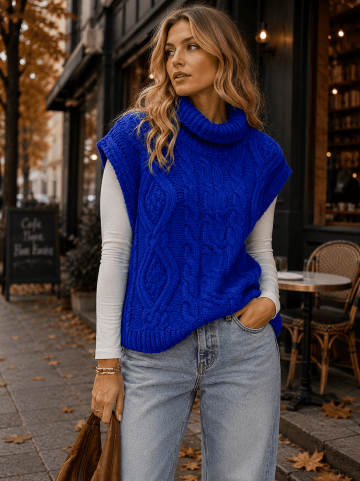 WOMEN'S SLEEVELESS TURTLE NECK CABLE KNIT PULLOVER SWEATER TOP