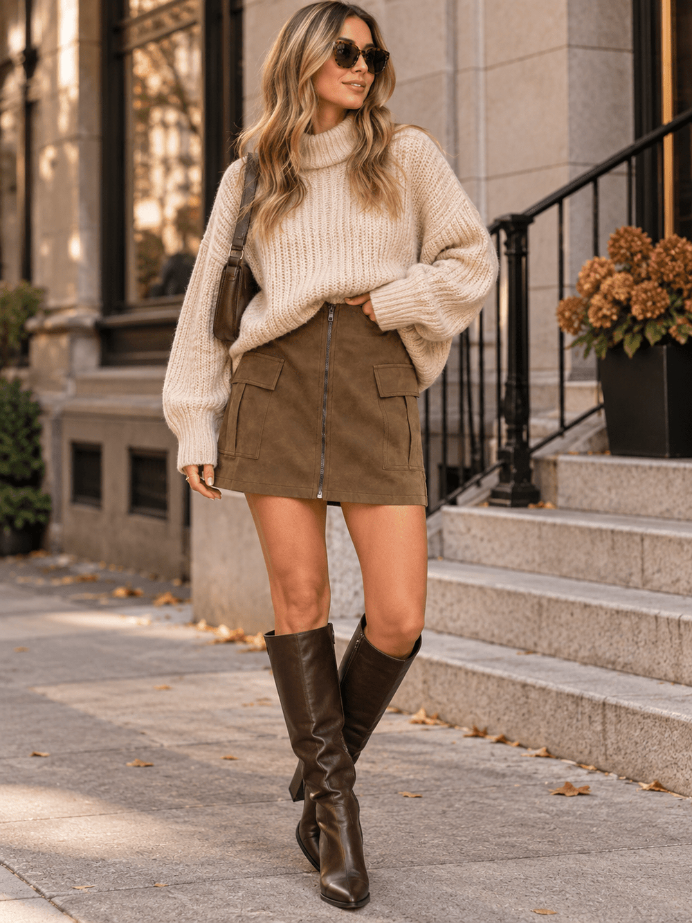 WOMEN'S ZIP UP FRONT POCKETS PU PLEATHER MINI SKIRT