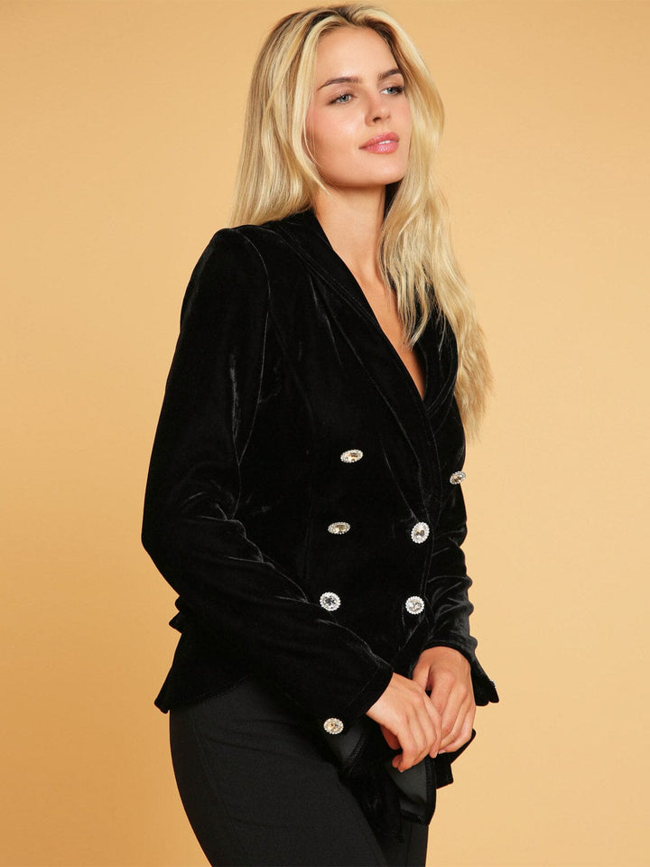 WOMEN'S LONG SLEEVE BUTTON CLOSURE RUFFLE DETAILED VELVET BLAZER