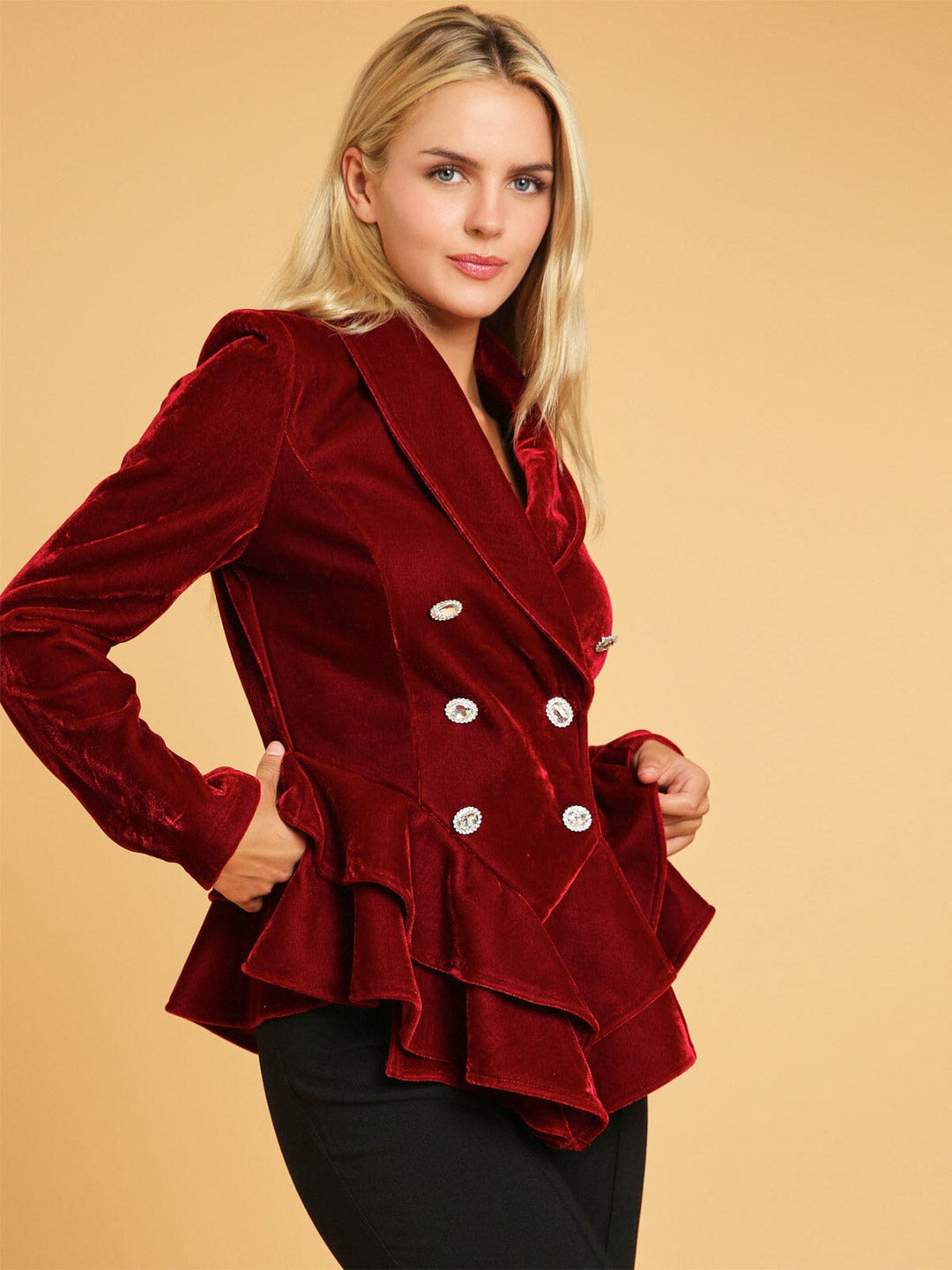WOMEN'S LONG SLEEVE BUTTON CLOSURE RUFFLE DETAILED VELVET BLAZER