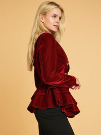WOMEN'S LONG SLEEVE BUTTON CLOSURE RUFFLE DETAILED VELVET BLAZER