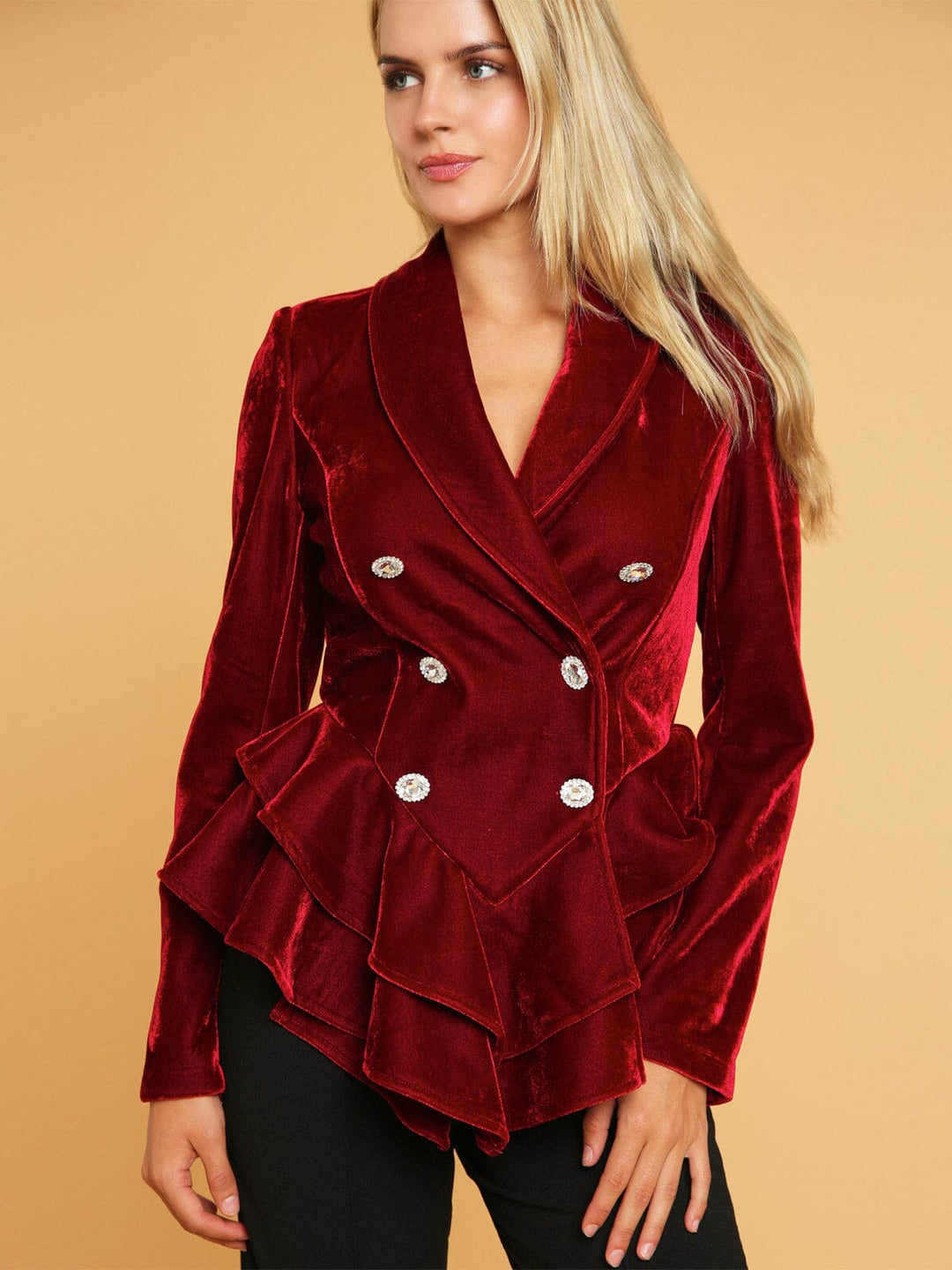 WOMEN'S LONG SLEEVE BUTTON CLOSURE RUFFLE DETAILED VELVET BLAZER
