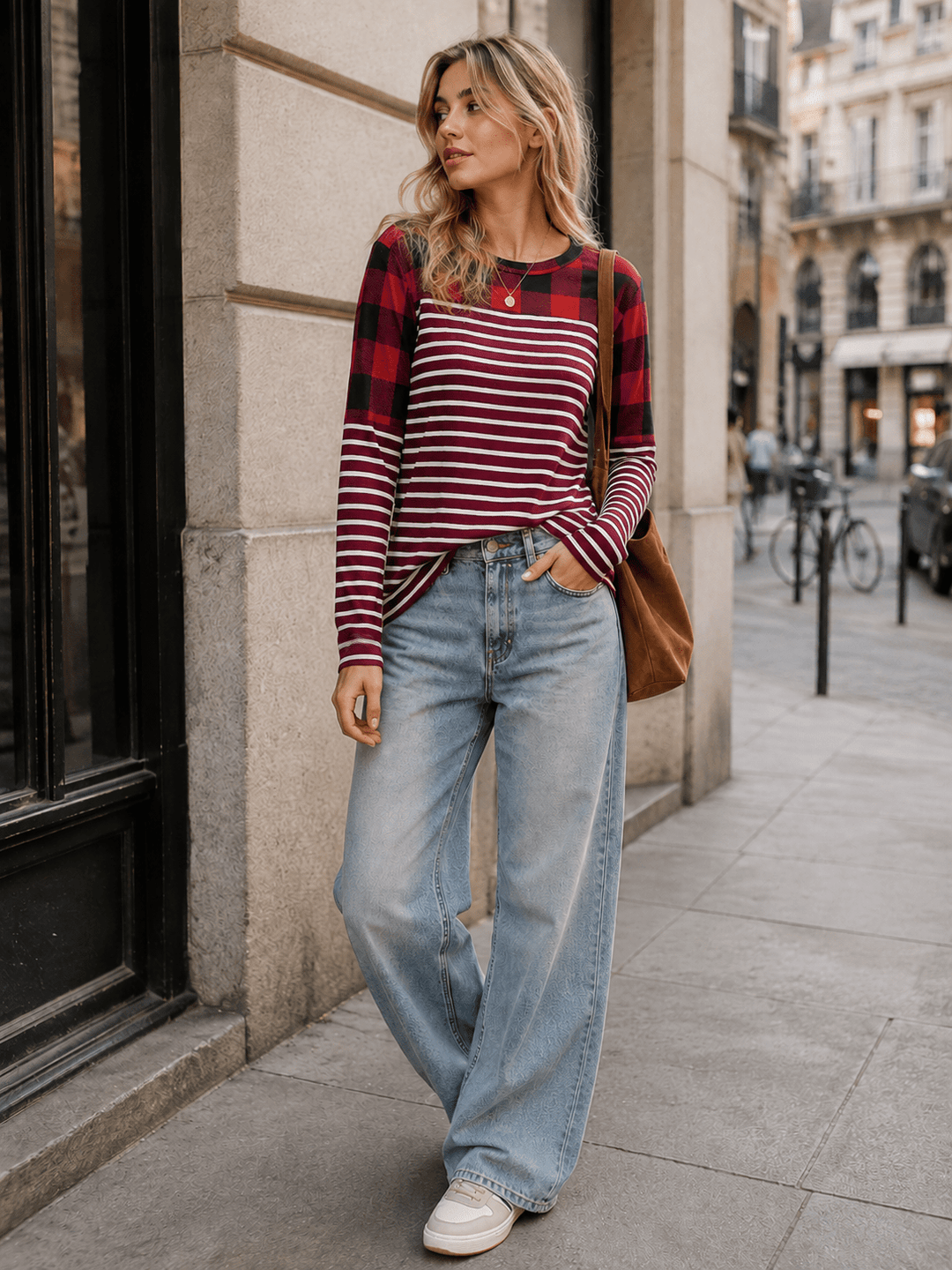 WOMEN'S LONG SLEEVE COLORBLOCK CONTRAST PRINT LOOSE FIT TOP