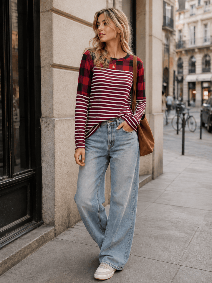 WOMEN'S LONG SLEEVE COLORBLOCK CONTRAST PRINT LOOSE FIT TOP