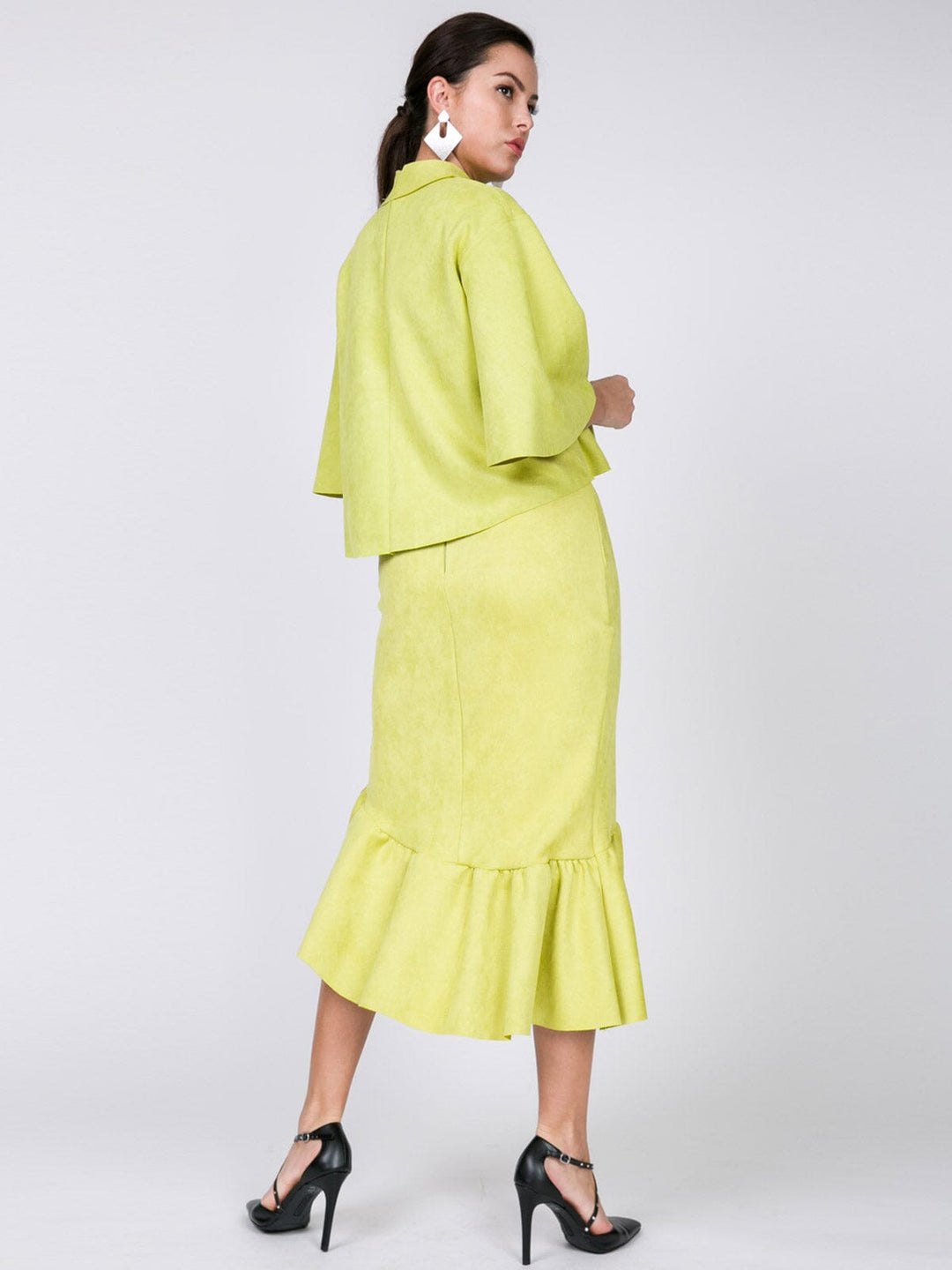 WOMEN'S ZIPPER CLOSURE HIGH-LOW RUFFLE MIDI SKIRT